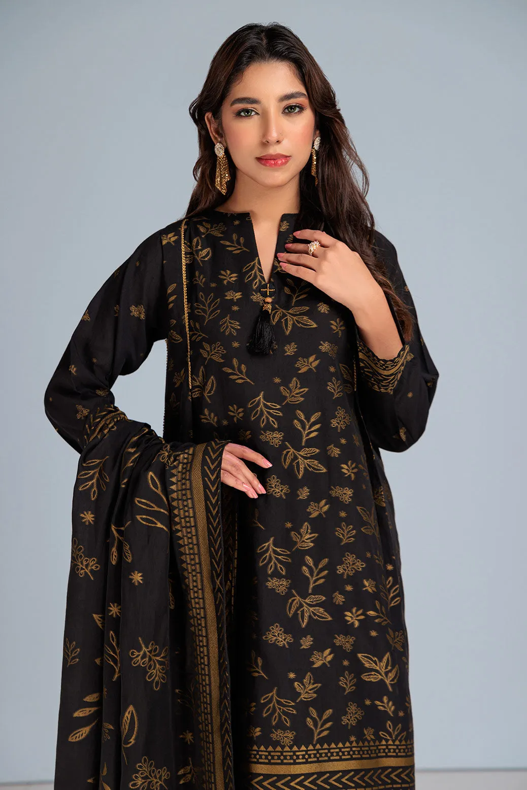 Traditional Pakistani Kameez Salwar Suit in Jet Black Premium Jacquard