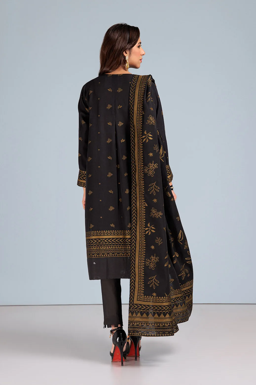 Traditional Pakistani Kameez Salwar Suit in Jet Black Premium Jacquard
