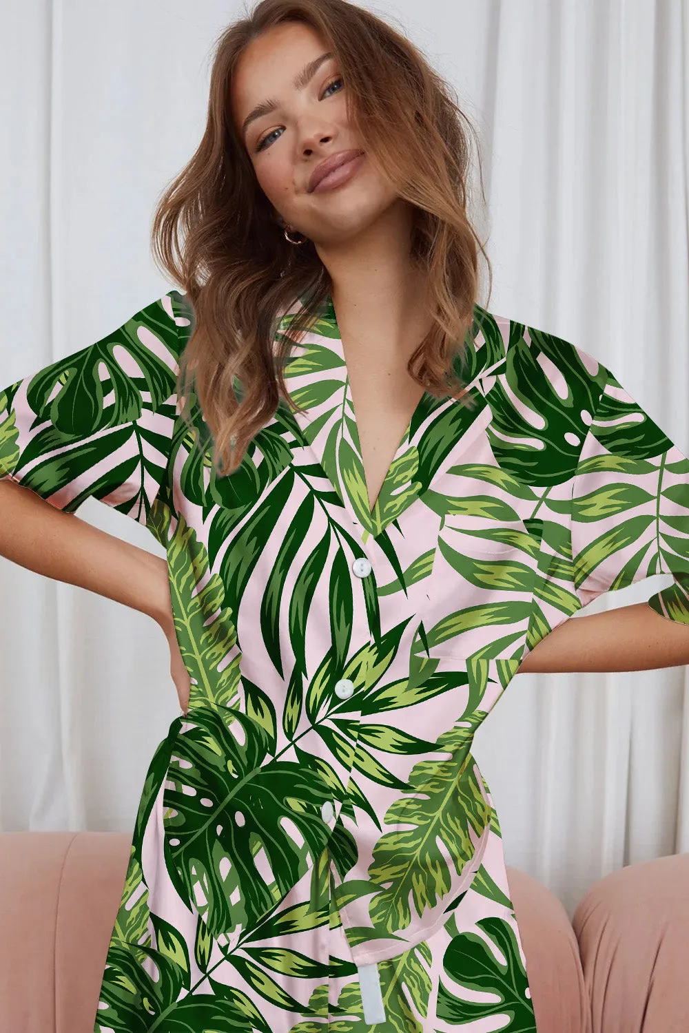 Tropical Verdance – Satin Botanical Leaf Pajama Set