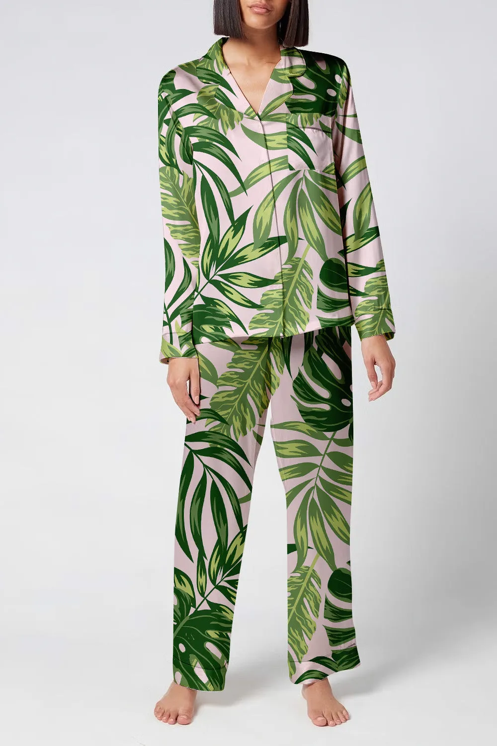Tropical Verdance – Satin Botanical Leaf Pajama Set
