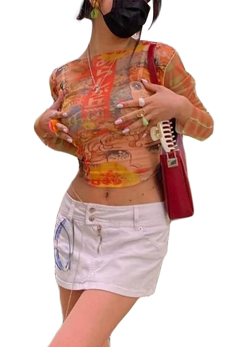 TT3125 Graphic Long Sleeve Crop Shirt Top