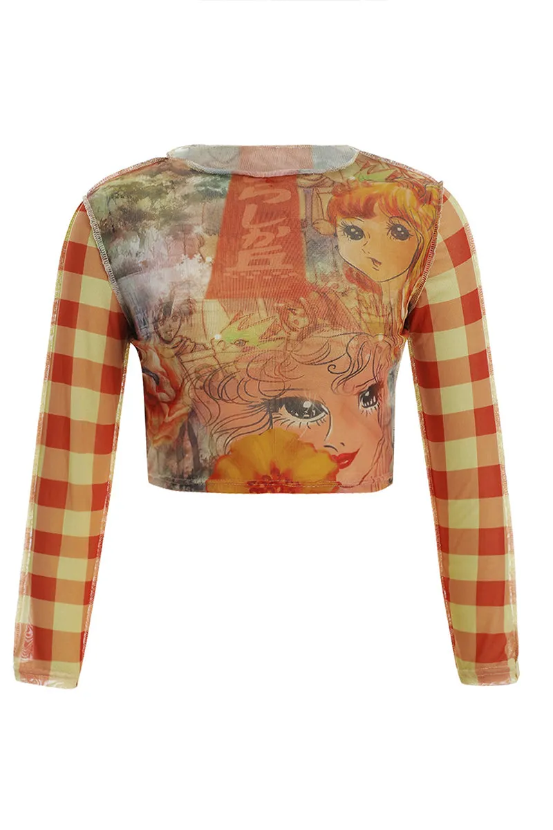TT3125 Graphic Long Sleeve Crop Shirt Top