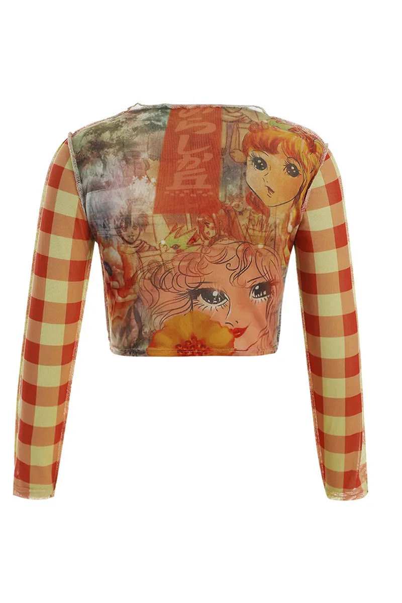 TT3125 Graphic Long Sleeve Crop Shirt Top