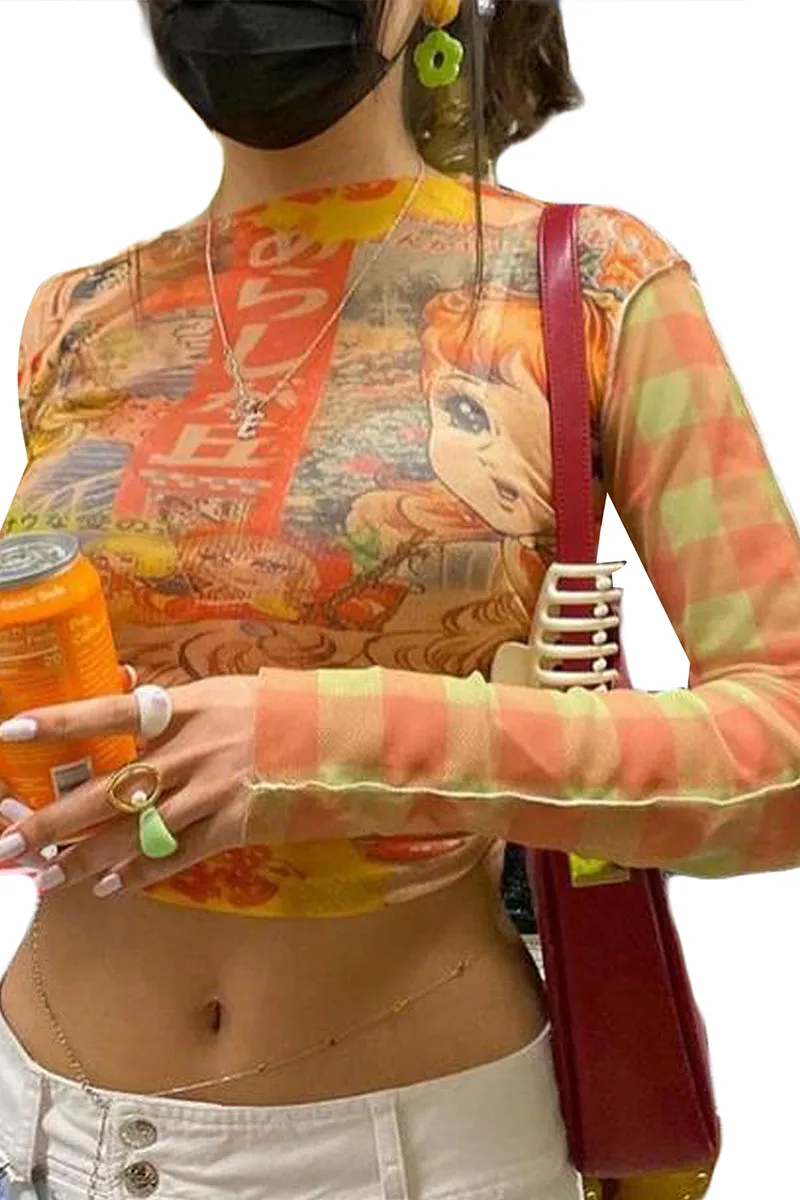 TT3125 Graphic Long Sleeve Crop Shirt Top