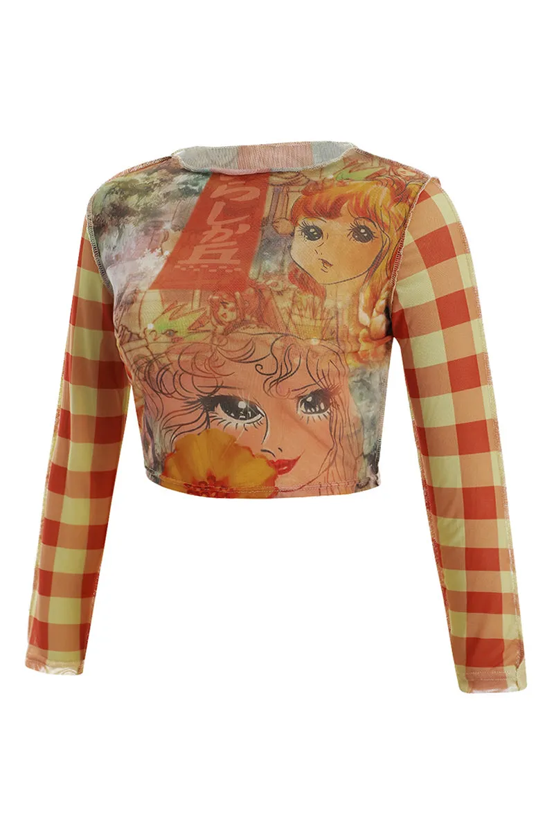TT3125 Graphic Long Sleeve Crop Shirt Top