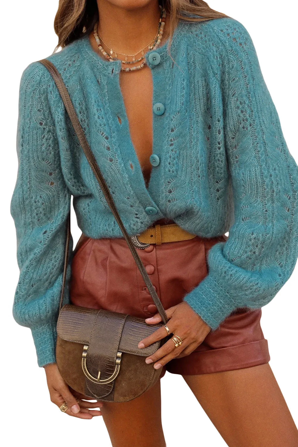 Turquoise Fuzzy Patterned Knit Buttoned Sweater Cardigan