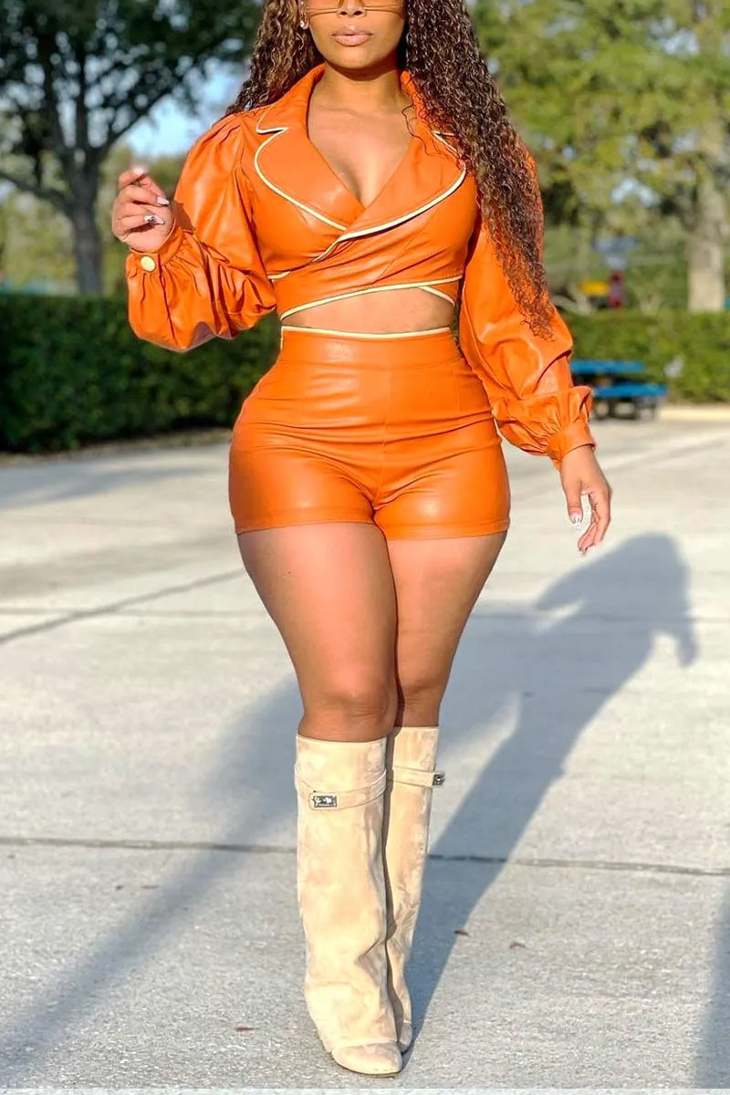 UH796 Faux Leather Notched Top and Shorts Set