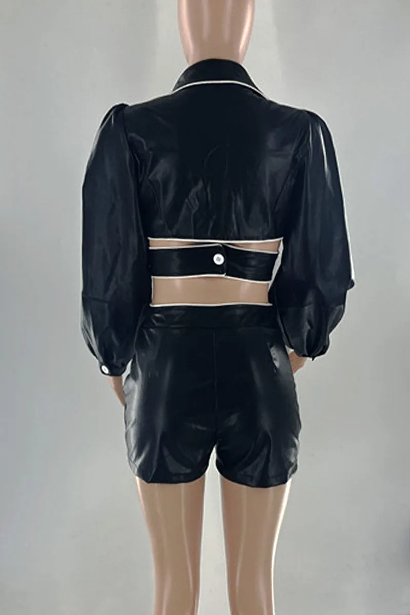 UH796 Faux Leather Notched Top and Shorts Set