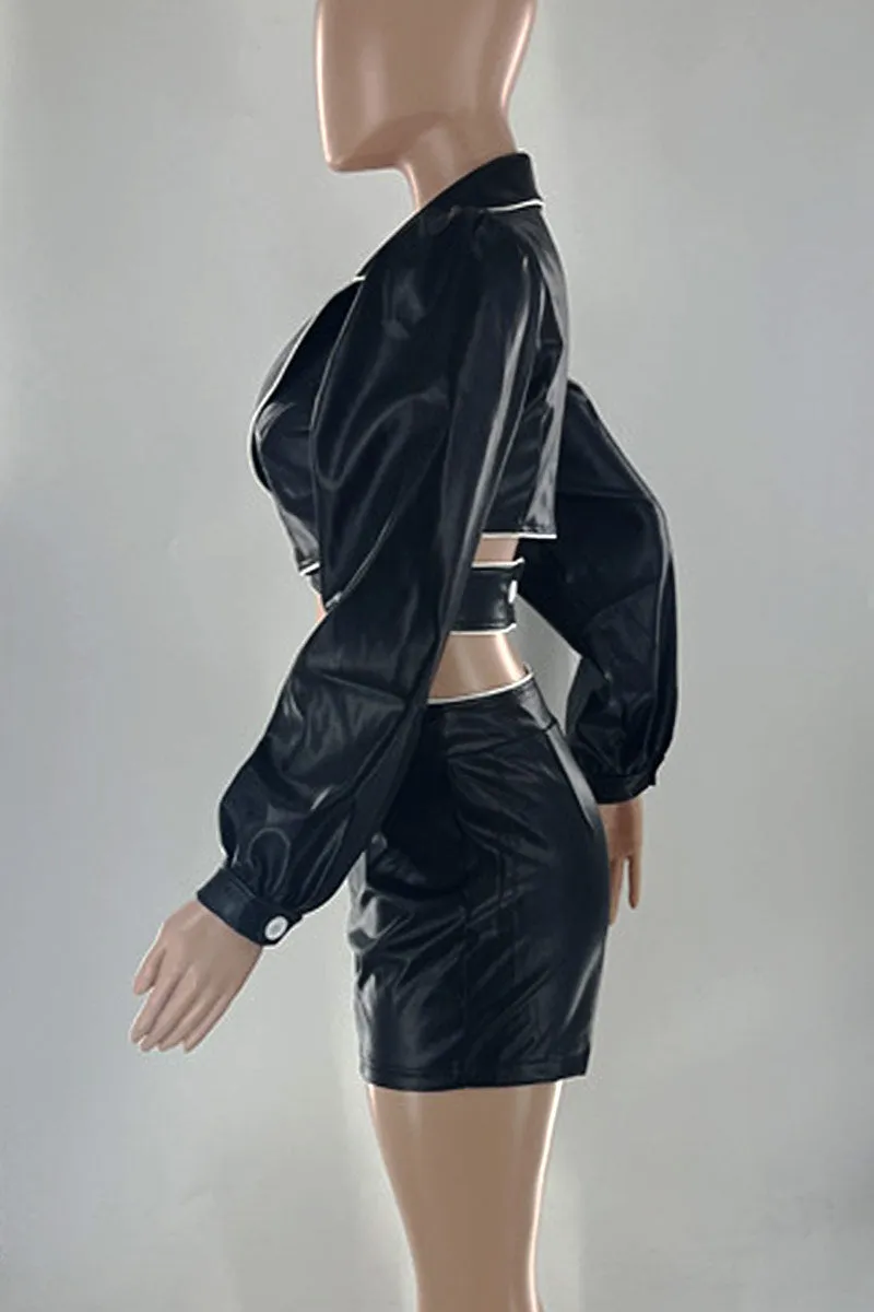 UH796 Faux Leather Notched Top and Shorts Set