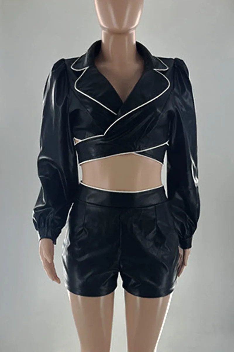 UH796 Faux Leather Notched Top and Shorts Set