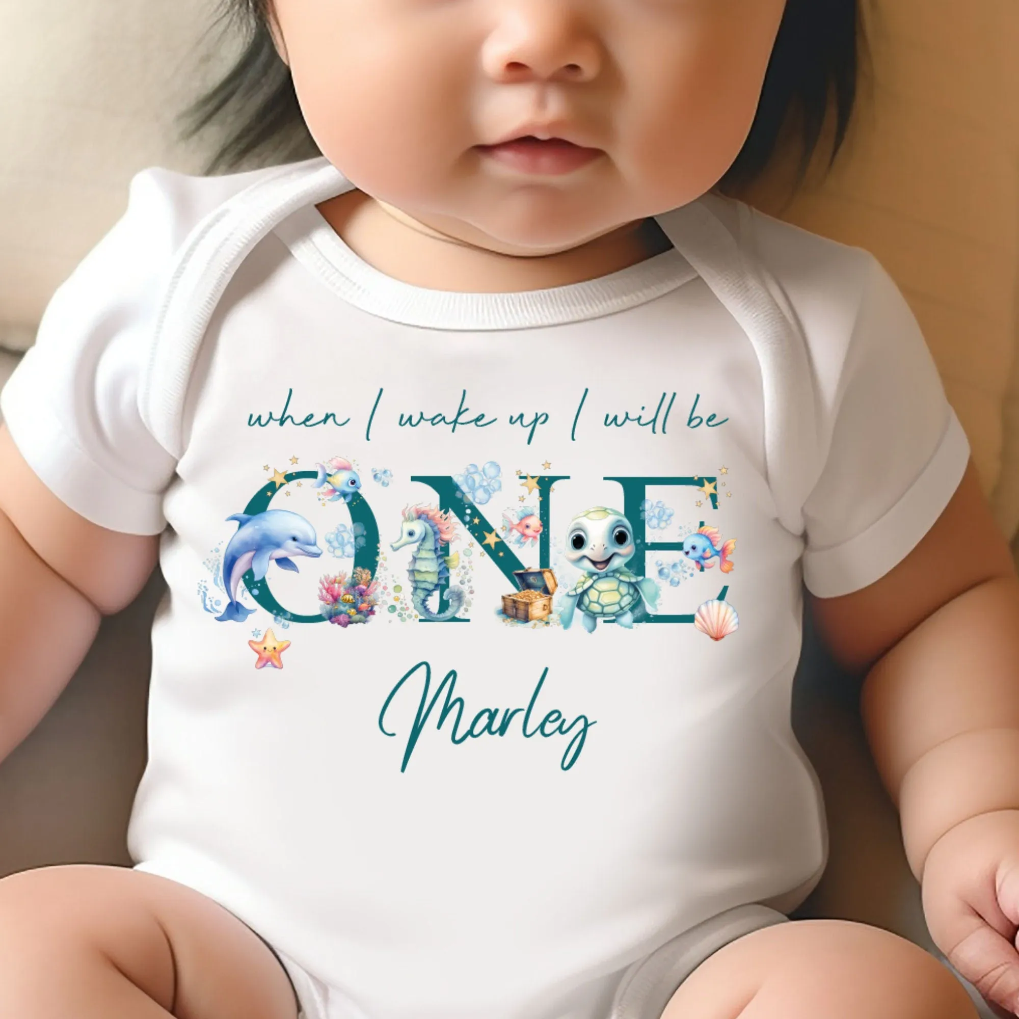 Under the sea Birthday sleepsuit, Baby Girl Birthday vest, When I wake up I’ll be One, 1st One, pastel saline, Ocean birthday outfit girl