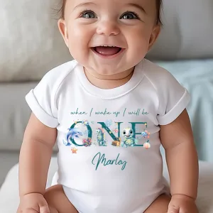 Under the sea Birthday sleepsuit, Baby Girl Birthday vest, When I wake up I’ll be One, 1st One, pastel saline, Ocean birthday outfit girl