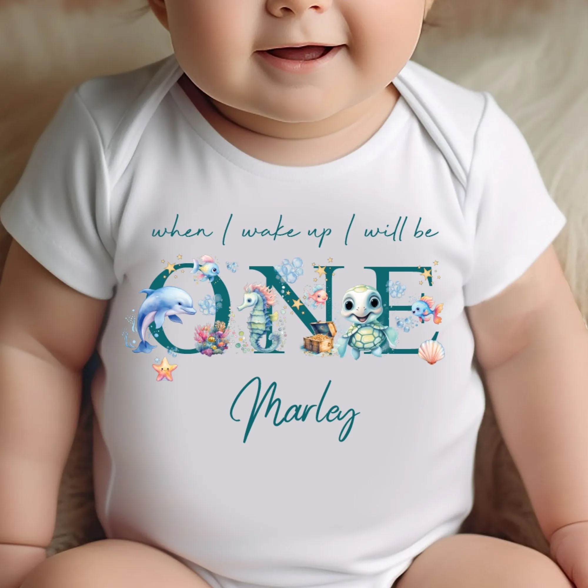 Under the sea Birthday sleepsuit, Baby Girl Birthday vest, When I wake up I’ll be One, 1st One, pastel saline, Ocean birthday outfit girl