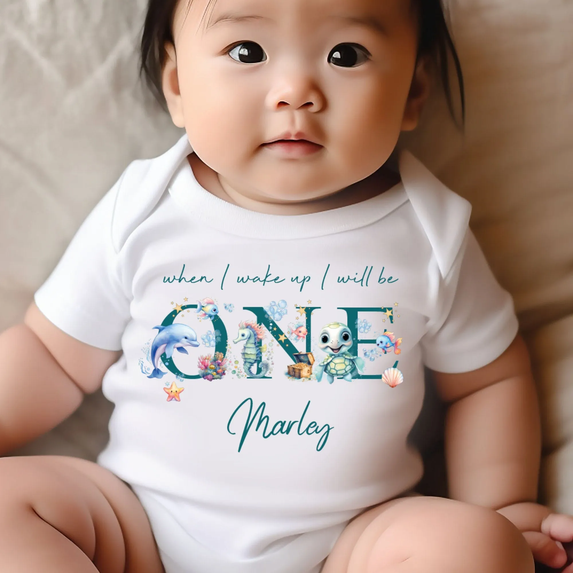 Under the sea Birthday sleepsuit, Baby Girl Birthday vest, When I wake up I’ll be One, 1st One, pastel saline, Ocean birthday outfit girl