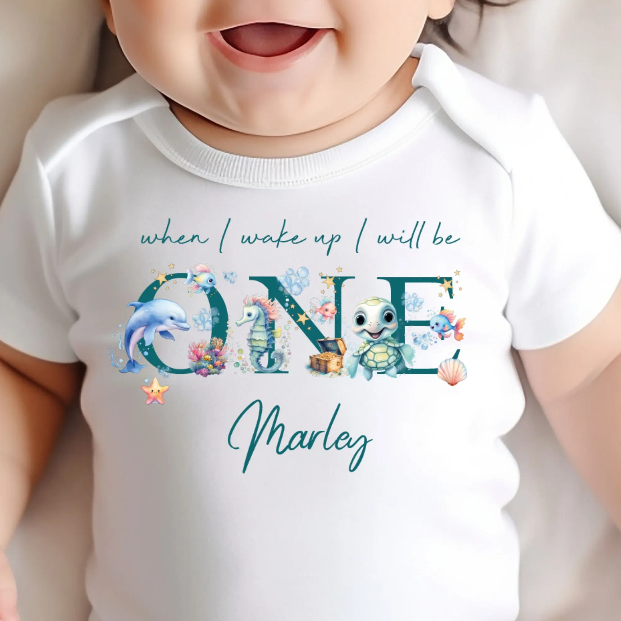 Under the sea Birthday sleepsuit, Baby Girl Birthday vest, When I wake up I’ll be One, 1st One, pastel saline, Ocean birthday outfit girl