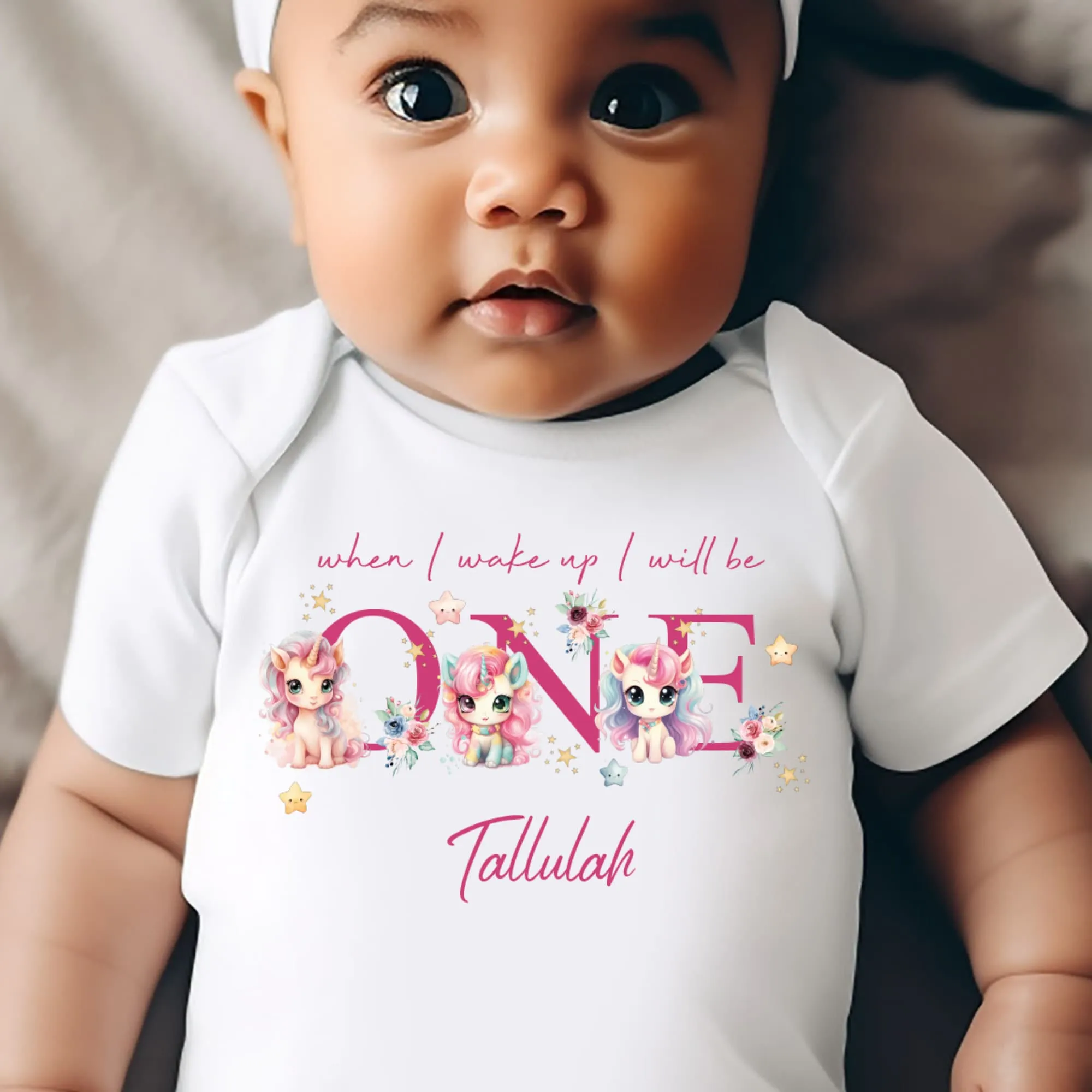 Unicorn Birthday sleepsuit, Baby Girl Birthday vest, When I wake up I’ll be One, Magical One, pastel unicorns, rainbow birthday outfit girl