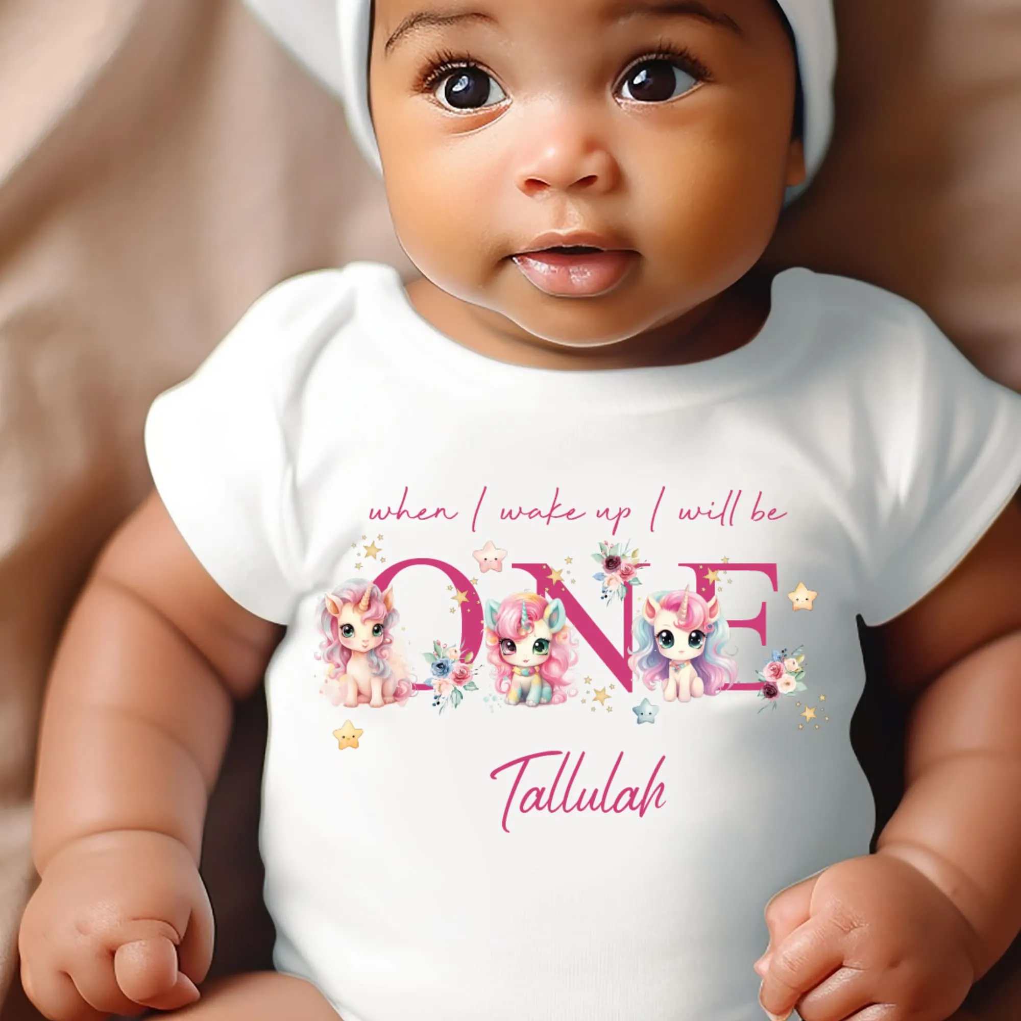 Unicorn Birthday sleepsuit, Baby Girl Birthday vest, When I wake up I’ll be One, Magical One, pastel unicorns, rainbow birthday outfit girl