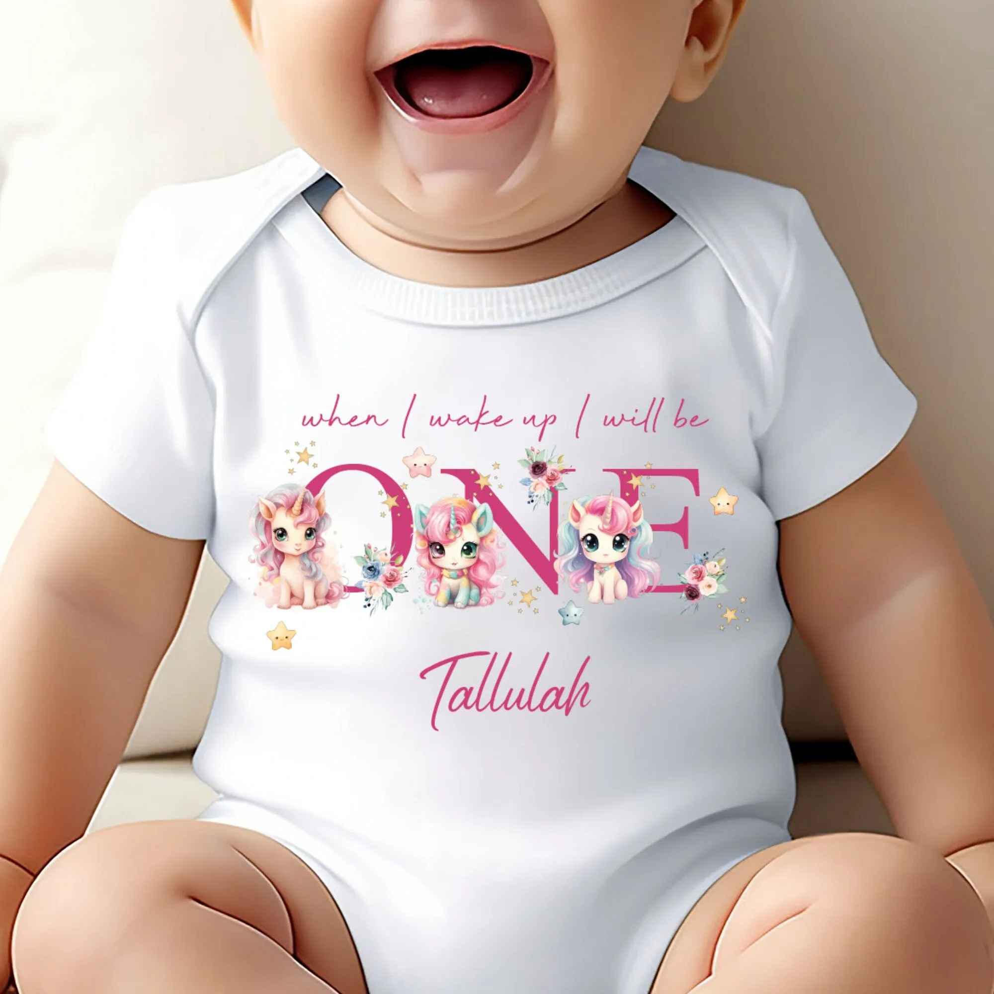 Unicorn Birthday sleepsuit, Baby Girl Birthday vest, When I wake up I’ll be One, Magical One, pastel unicorns, rainbow birthday outfit girl