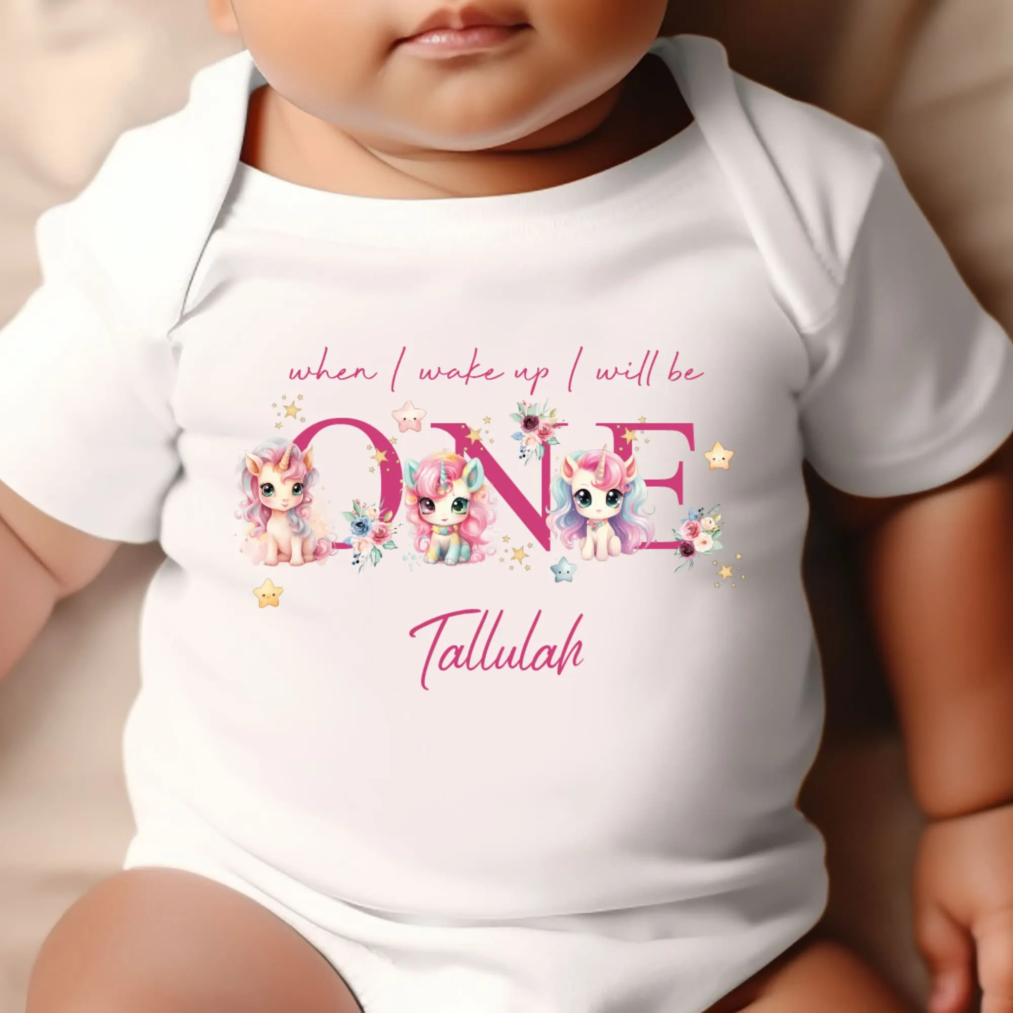 Unicorn Birthday sleepsuit, Baby Girl Birthday vest, When I wake up I’ll be One, Magical One, pastel unicorns, rainbow birthday outfit girl