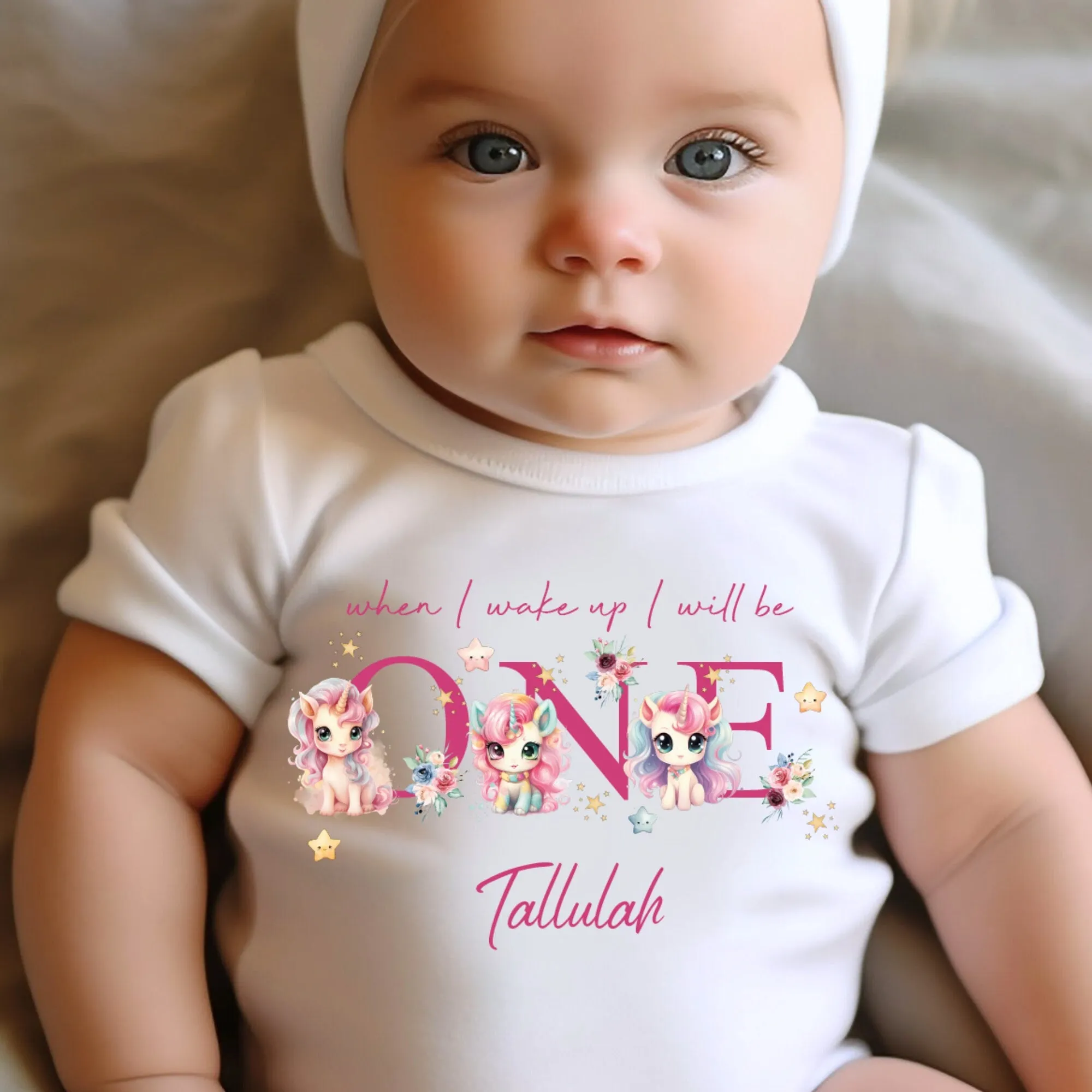 Unicorn Birthday sleepsuit, Baby Girl Birthday vest, When I wake up I’ll be One, Magical One, pastel unicorns, rainbow birthday outfit girl