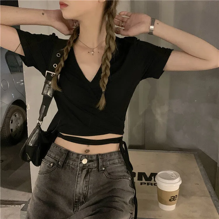 V-Neck Short Sleeve Strap Slim Crop Tops