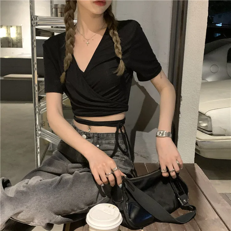 V-Neck Short Sleeve Strap Slim Crop Tops