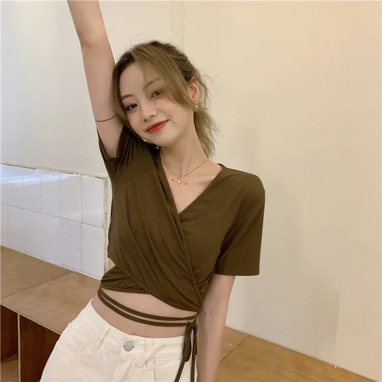 V-Neck Short Sleeve Strap Slim Crop Tops