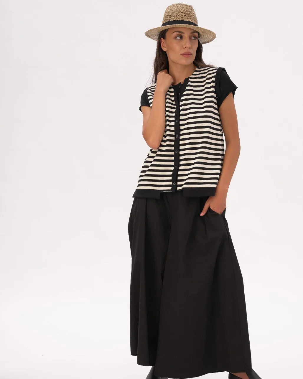 V-Neck Striped Cotton Knit Vest
