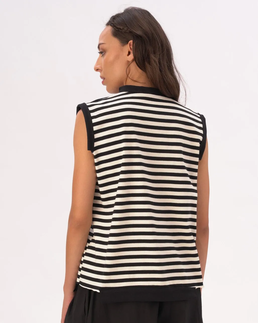 V-Neck Striped Cotton Knit Vest