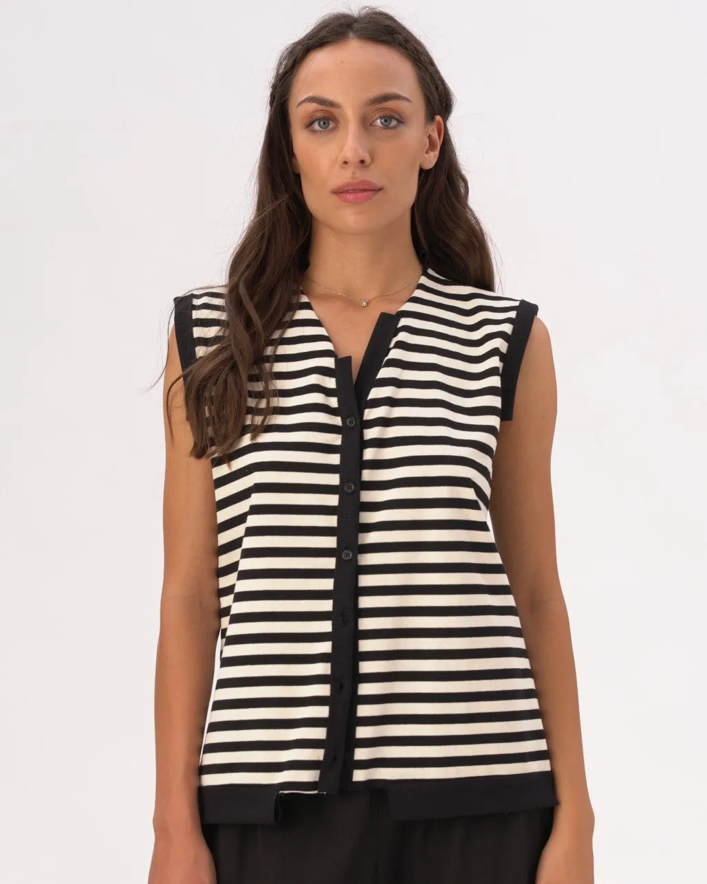 V-Neck Striped Cotton Knit Vest