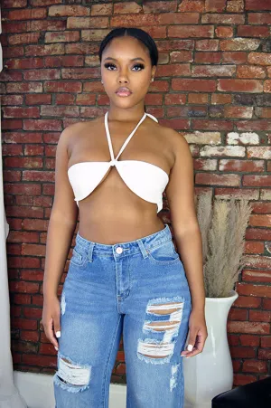 Vegan Leather Tie Bra Top- Off White