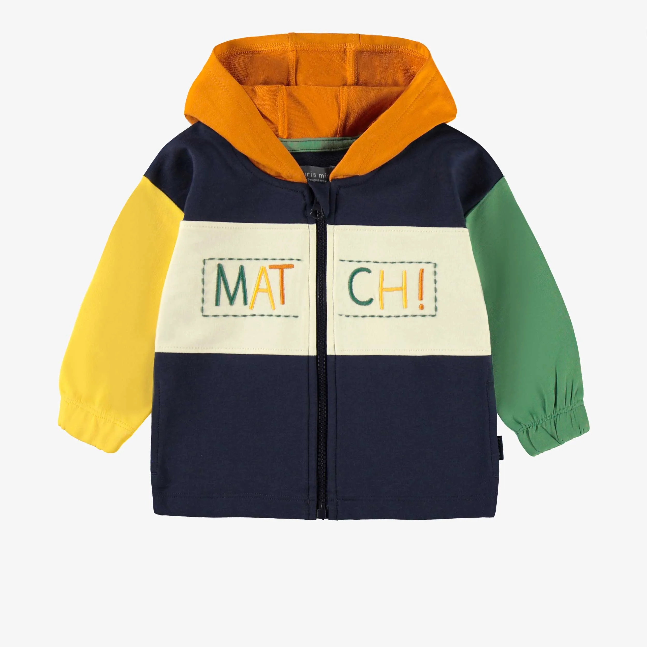 Veste à capuchon marine avec blocs de couleur, bébé || Navy hooded vest with color blocks, baby