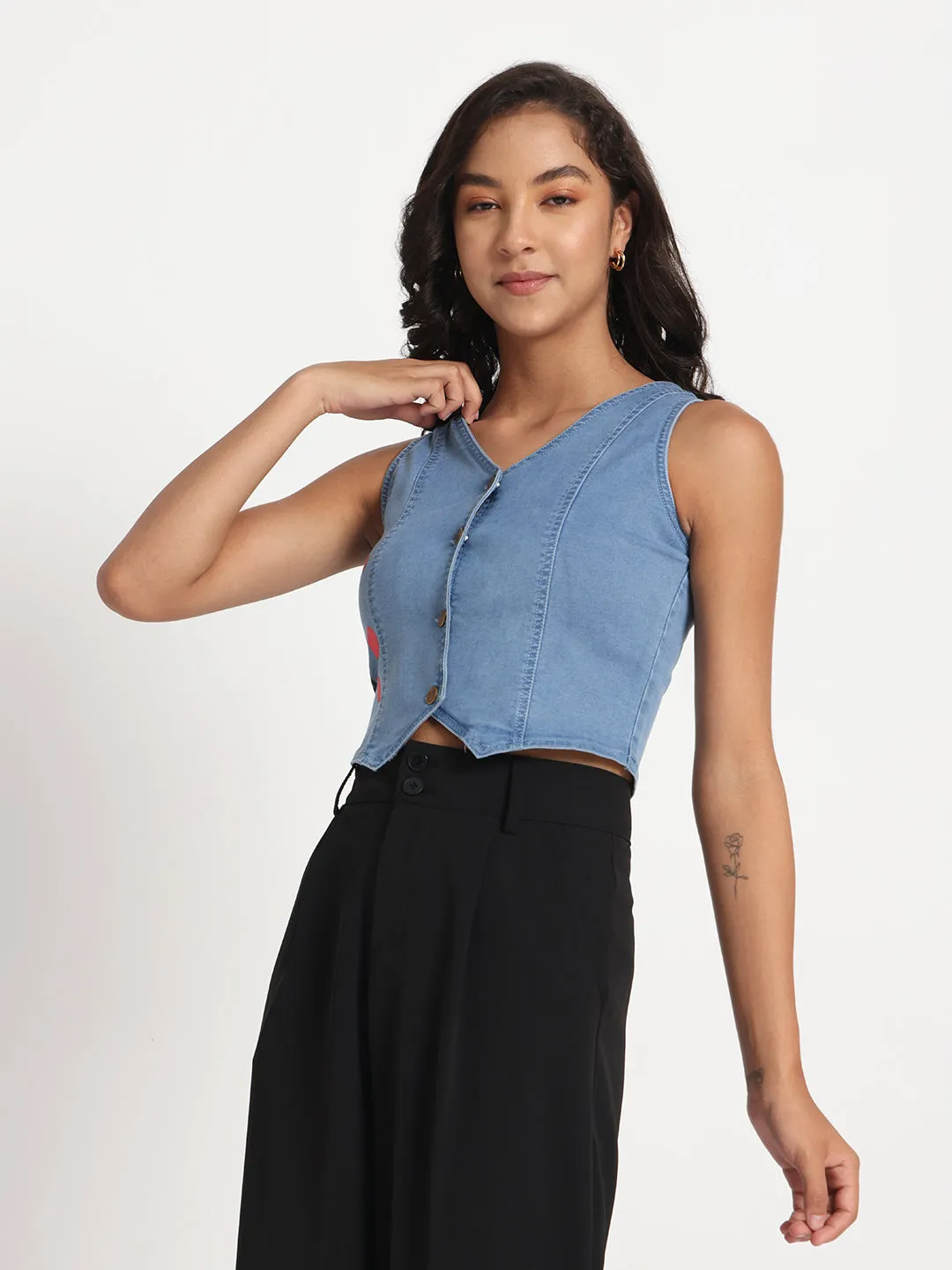 Whimsical Tree Hand-Painted Buttoned Denim Vest Top