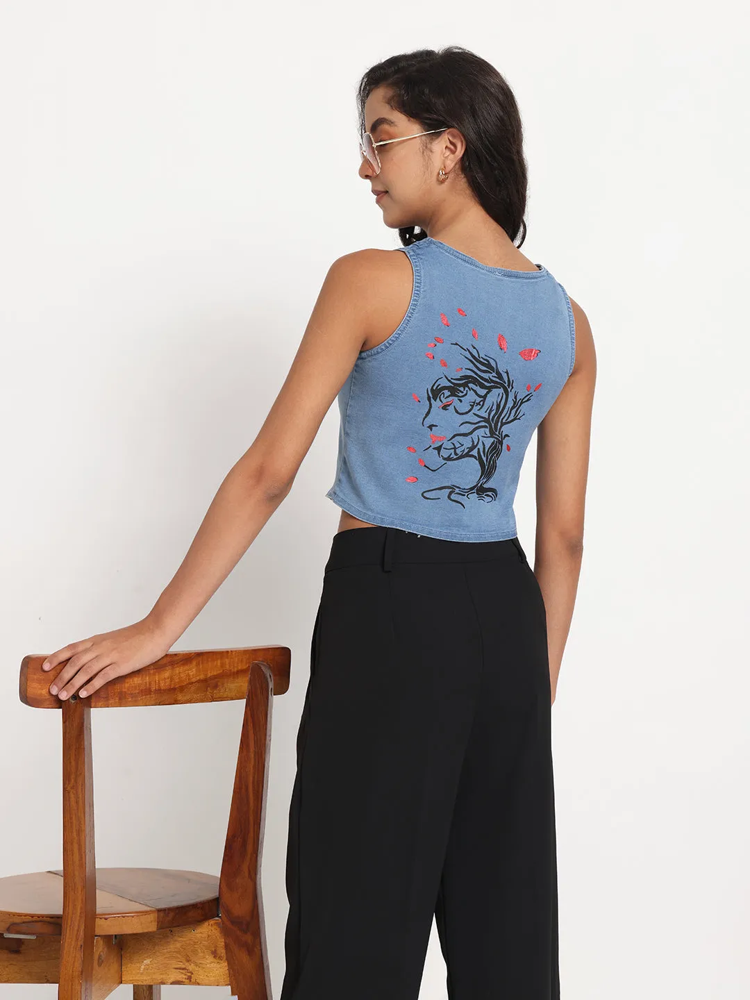 Whimsical Tree Hand-Painted Buttoned Denim Vest Top