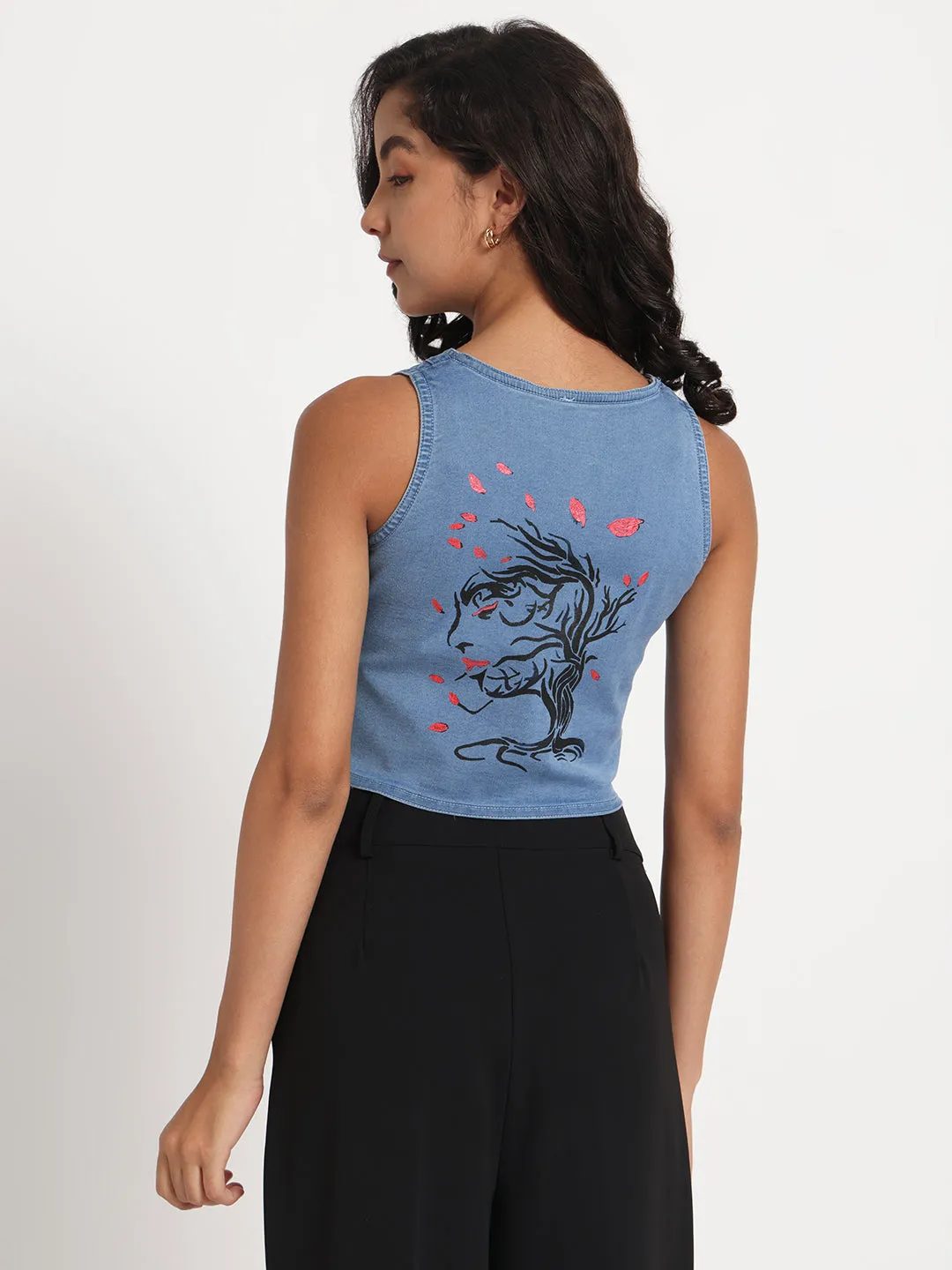 Whimsical Tree Hand-Painted Buttoned Denim Vest Top