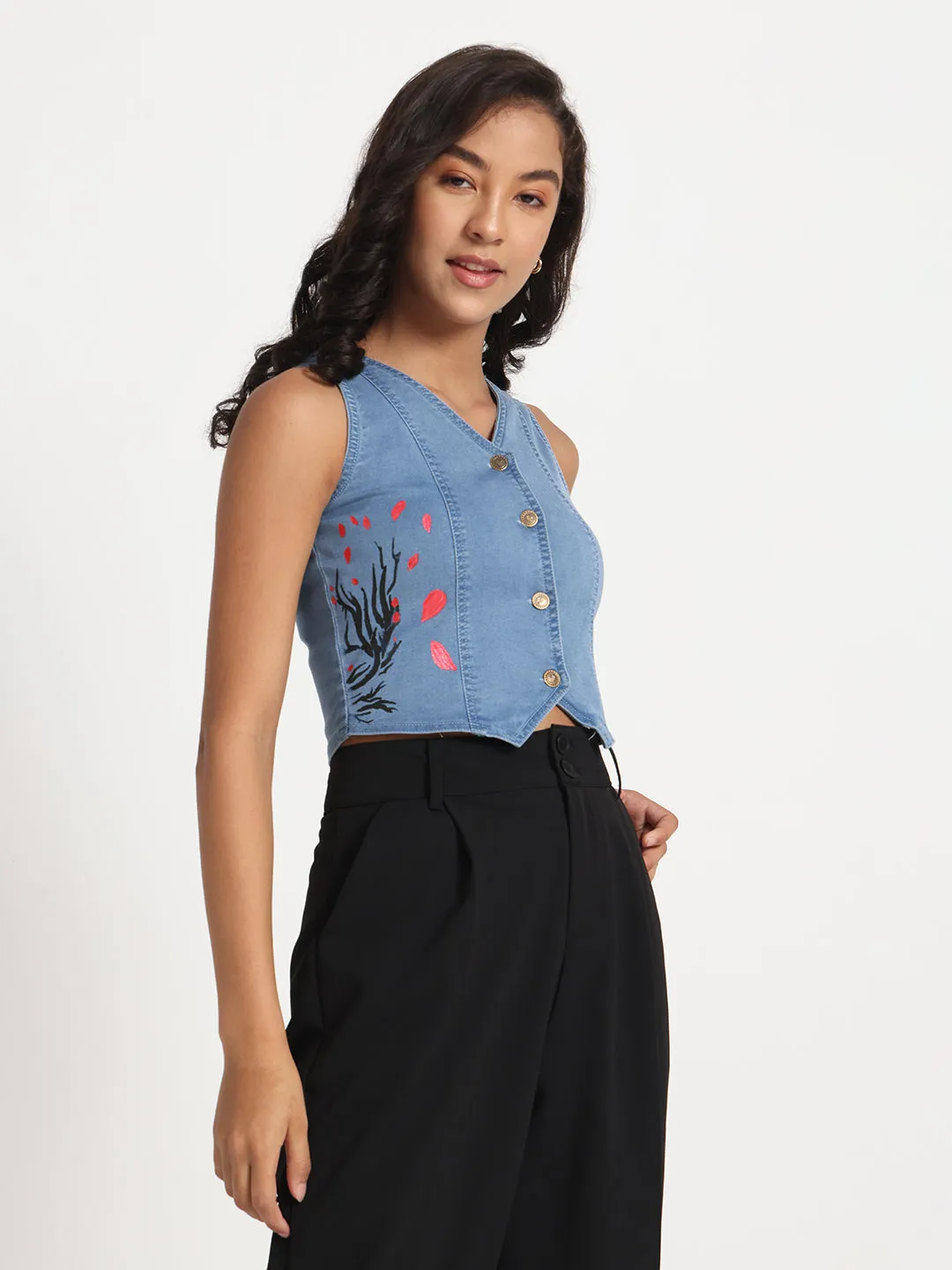 Whimsical Tree Hand-Painted Buttoned Denim Vest Top