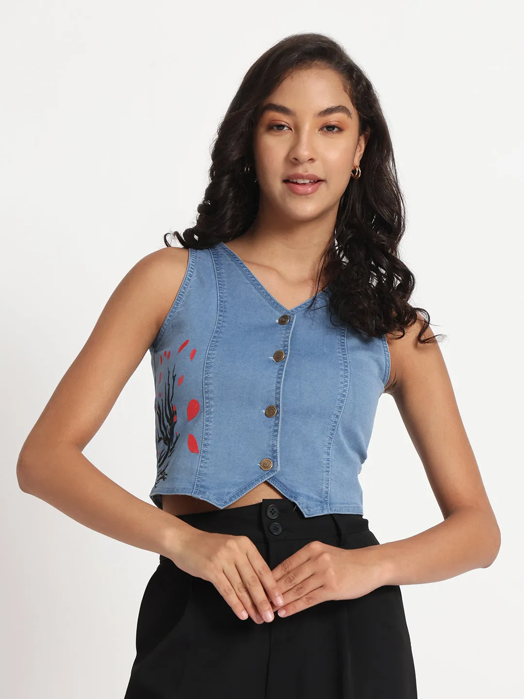Whimsical Tree Hand-Painted Buttoned Denim Vest Top