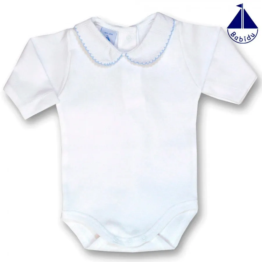 White Long Sleeve Vest with blue embroidered collar