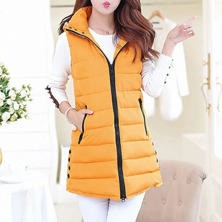Winter Hooded Vest Women Fashion Waistcoat Plus Size Pockets Zipper Slim Long Style Candy Colors Vests WWV191