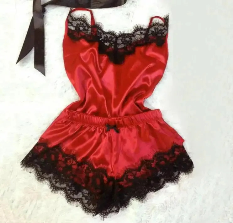 Women Bow Sleepwear Sleeveless Strap Nightwear Lace Trim Satin Cami Top Pajama Sets lingerie pyjamas women