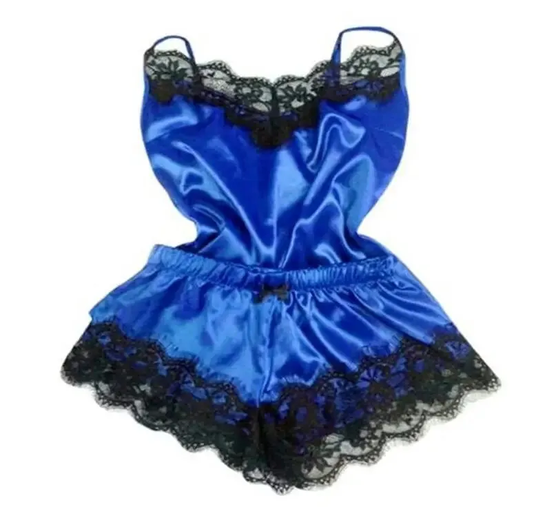 Women Bow Sleepwear Sleeveless Strap Nightwear Lace Trim Satin Cami Top Pajama Sets lingerie pyjamas women