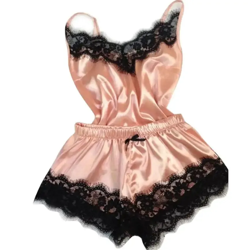 Women Bow Sleepwear Sleeveless Strap Nightwear Lace Trim Satin Cami Top Pajama Sets lingerie pyjamas women