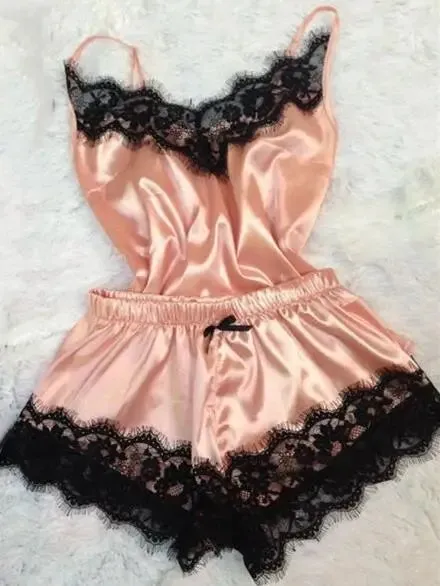 Women Bow Sleepwear Sleeveless Strap Nightwear Lace Trim Satin Cami Top Pajama Sets lingerie pyjamas women