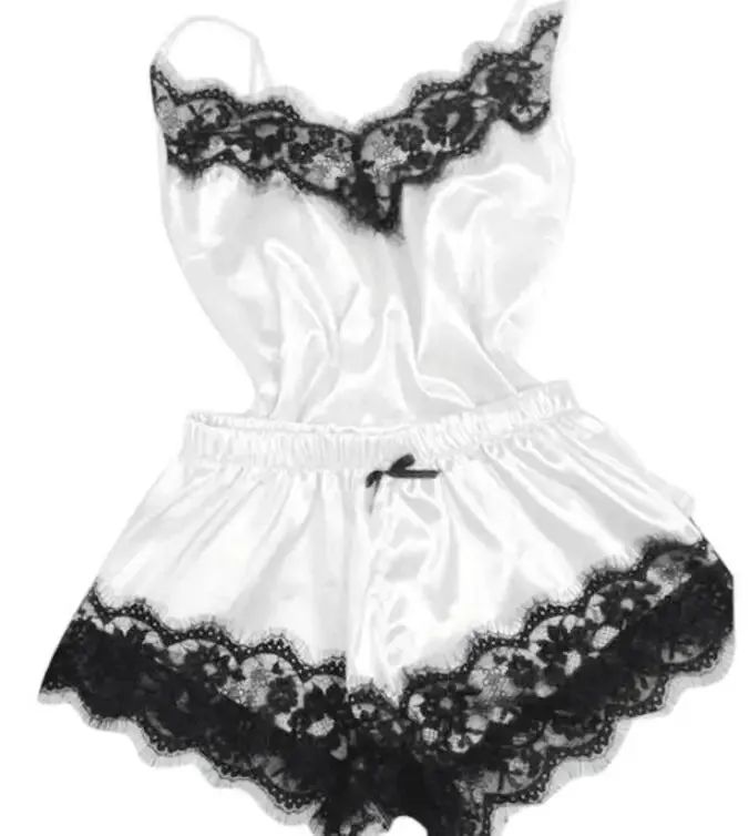 Women Bow Sleepwear Sleeveless Strap Nightwear Lace Trim Satin Cami Top Pajama Sets lingerie pyjamas women