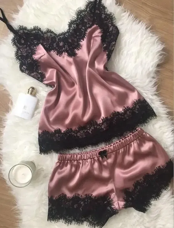 Women Bow Sleepwear Sleeveless Strap Nightwear Lace Trim Satin Cami Top Pajama Sets lingerie pyjamas women