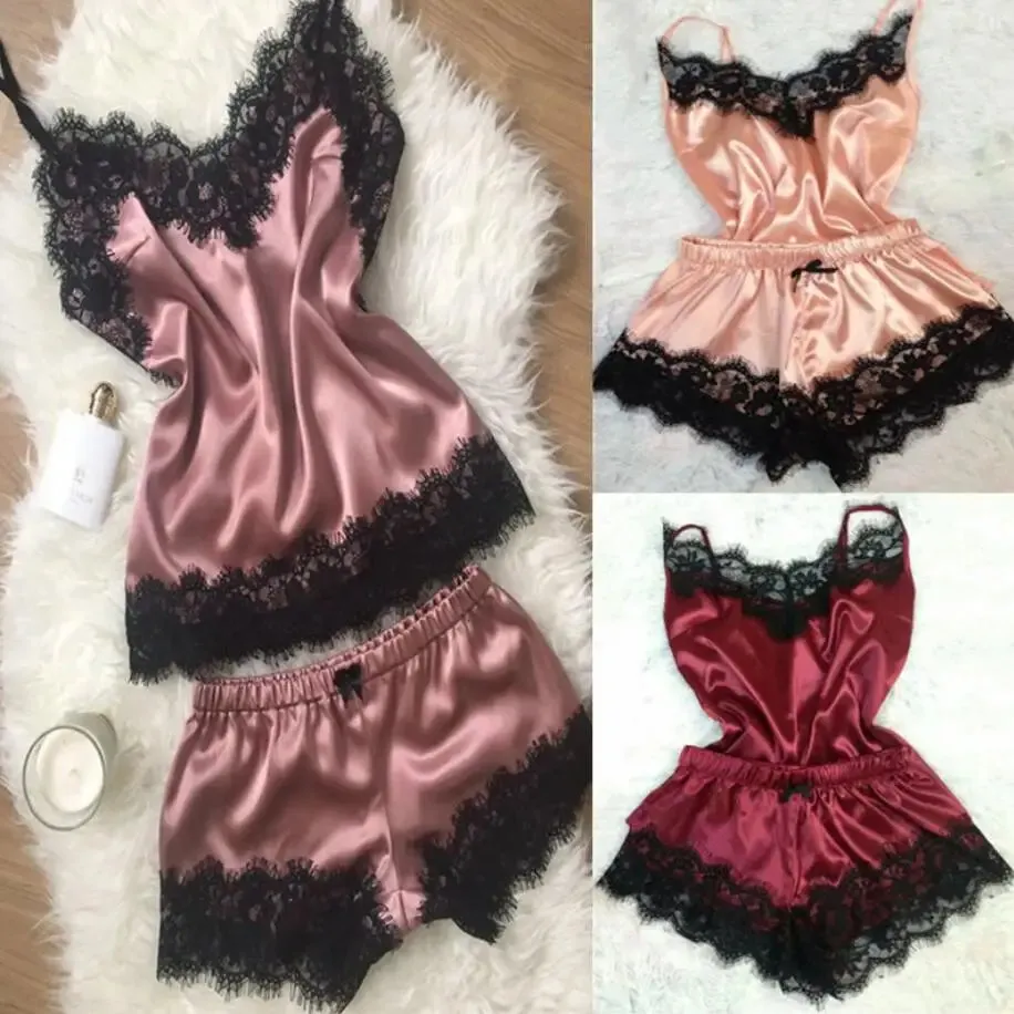 Women Bow Sleepwear Sleeveless Strap Nightwear Lace Trim Satin Cami Top Pajama Sets lingerie pyjamas women