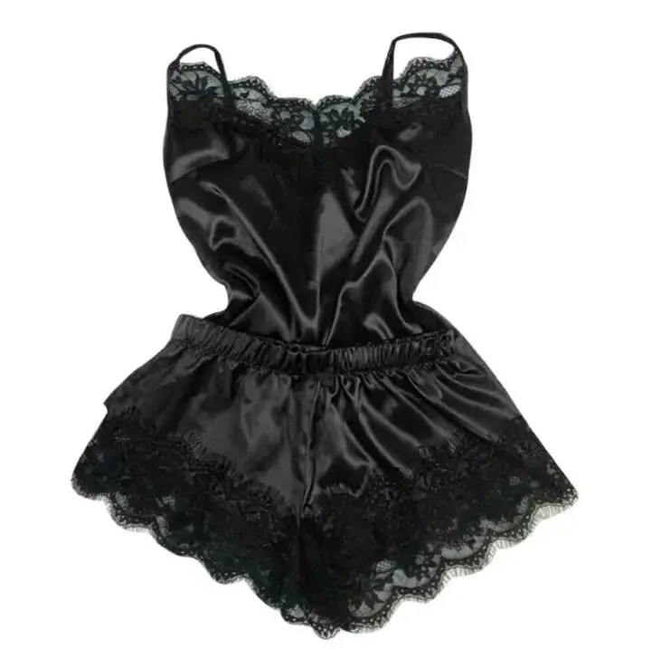 Women Bow Sleepwear Sleeveless Strap Nightwear Lace Trim Satin Cami Top Pajama Sets lingerie pyjamas women