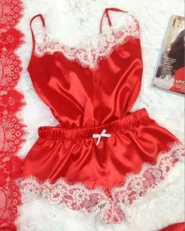 Women Bow Sleepwear Sleeveless Strap Nightwear Lace Trim Satin Cami Top Pajama Sets lingerie pyjamas women