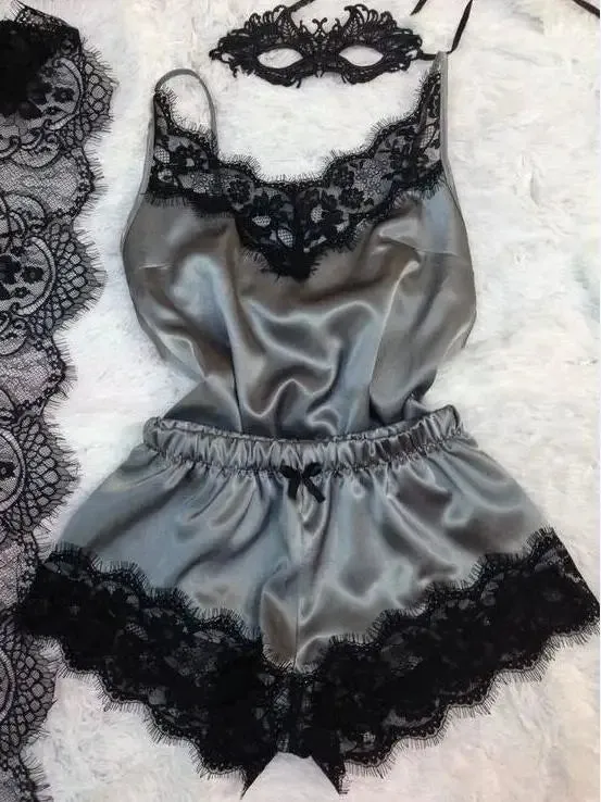 Women Bow Sleepwear Sleeveless Strap Nightwear Lace Trim Satin Cami Top Pajama Sets lingerie pyjamas women