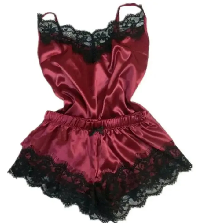 Women Bow Sleepwear Sleeveless Strap Nightwear Lace Trim Satin Cami Top Pajama Sets lingerie pyjamas women